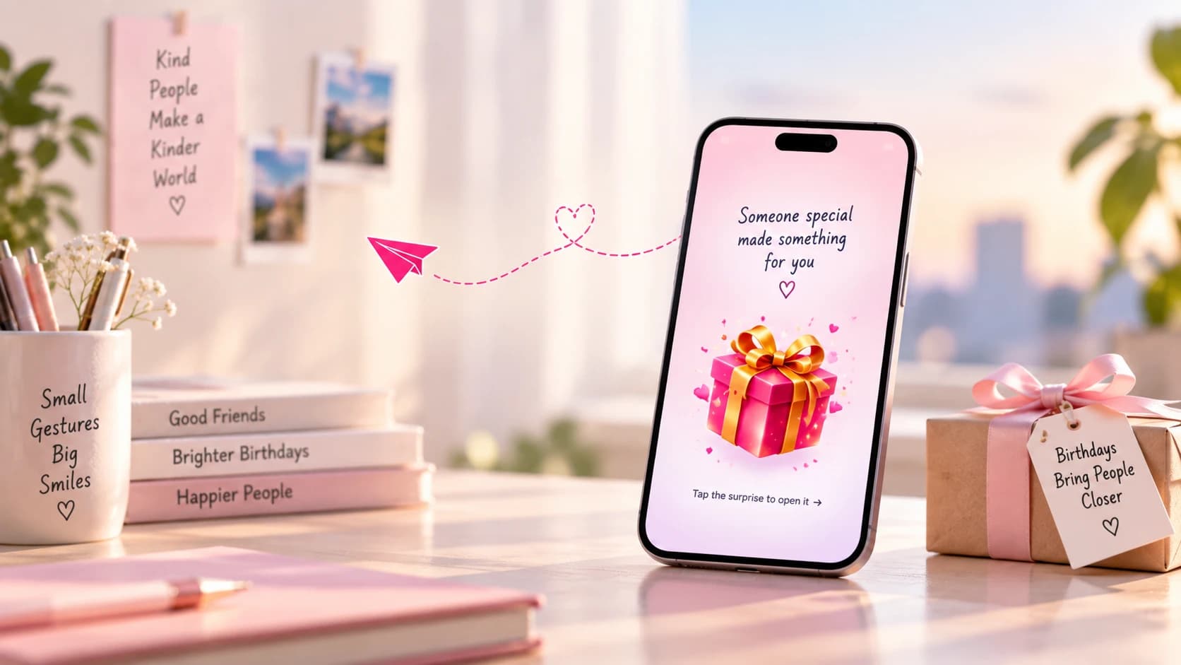 A phone showing a birthday surprise gift box animation on a desk, next to a wrapped gift and handwritten notes about kindness and birthdays